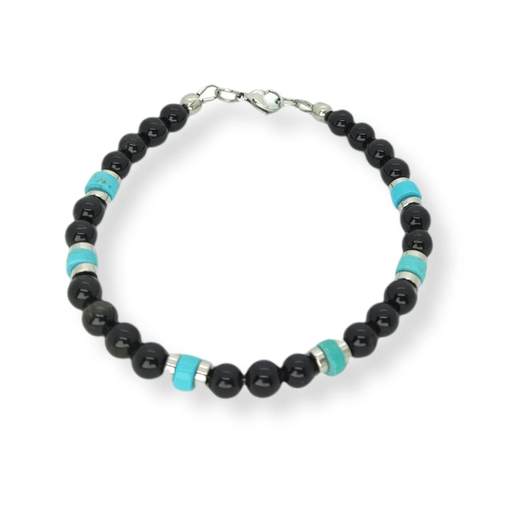 Habibi Jewels Bracciale Uomo Donna pietre dure Onice da 6 mm turchese a rondelle dischetti in acciaio cavo ed elementi in acciaio Idea Regalo Bijoux Gioiello
