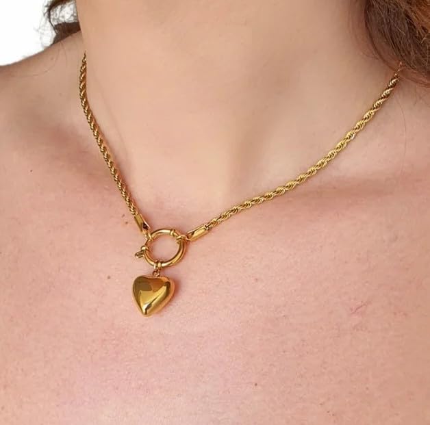 Collana da Donna in Acciaio Torchon con Cuore Bombato Gold Chiusura a Timone Idea Regalo Ragazza Compleanno Festa della Mamma Natale