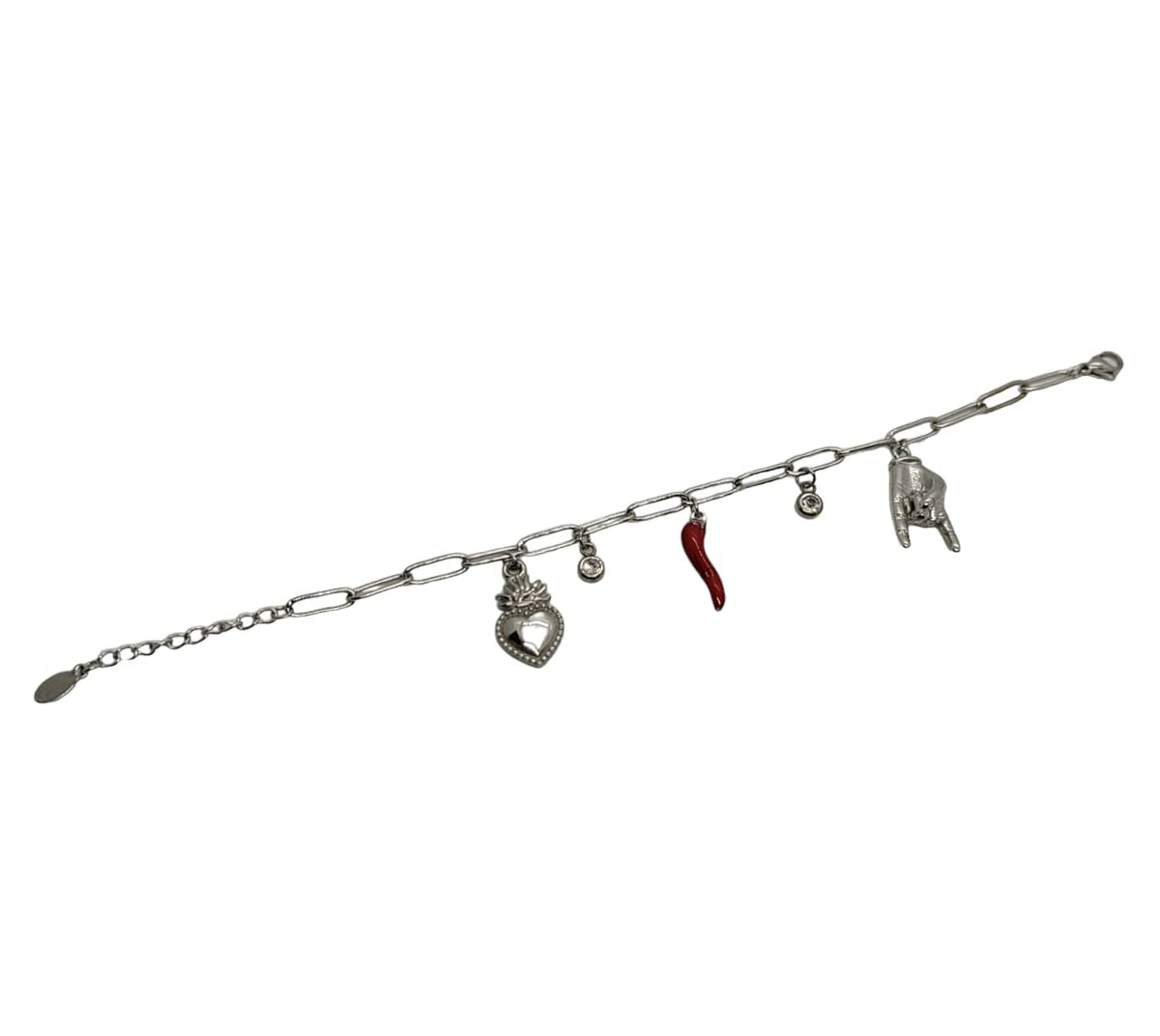 Habibi Jewels Bracciale in Acciaio da Donna con Sacro Cuore Corna Cornetto Portafortuna Braccialetto Scaramantico Chiusura Moschettone Cuore Compleanno Laurea Onomastico Festa della Mamma