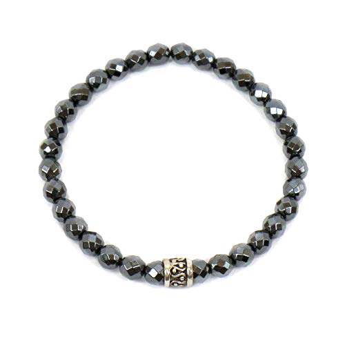 Bracciale Elastico con pietre dure naturali Ematite sfaccettata 6 mm ed elemento centrale in argento 925 per Uomo Donna Made in Italy artigianale Fatto a mano