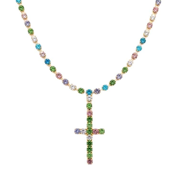 Habibi Jewels Collana da Donna in Acciaio Gold Modello Tennis con Croce e Pietre Multicolore Lunga 50 cm Elegante e Versatile Dorata Idea Regalo