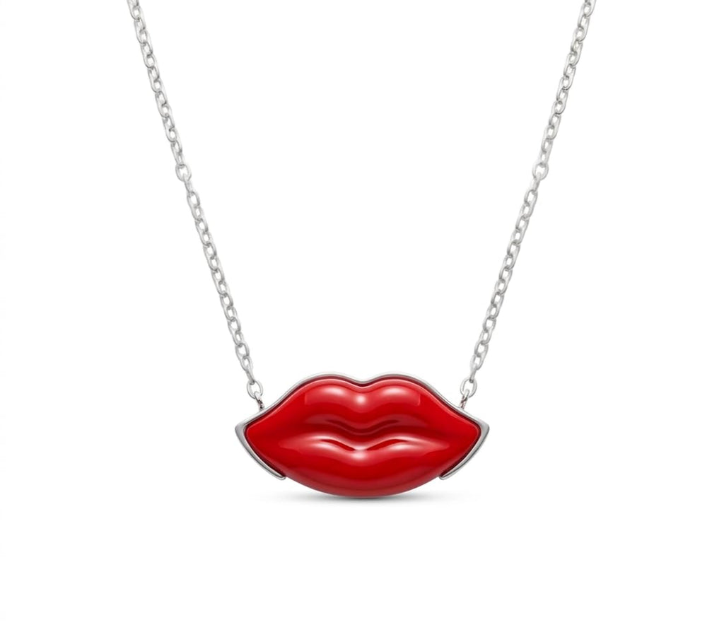 Generico Collana da Donna in Acciaio Silver con Bocca Labbra Rosse Girocollo Modello Lolita Idea Regalo Ragazza Compleanno Festa della Mamma Natale
