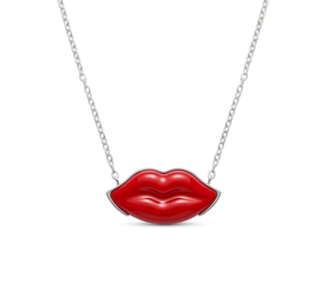 Generico Collana da Donna in Acciaio Silver con Bocca Labbra Rosse Girocollo Modello Lolita Idea Regalo Ragazza Compleanno Festa della Mamma Natale