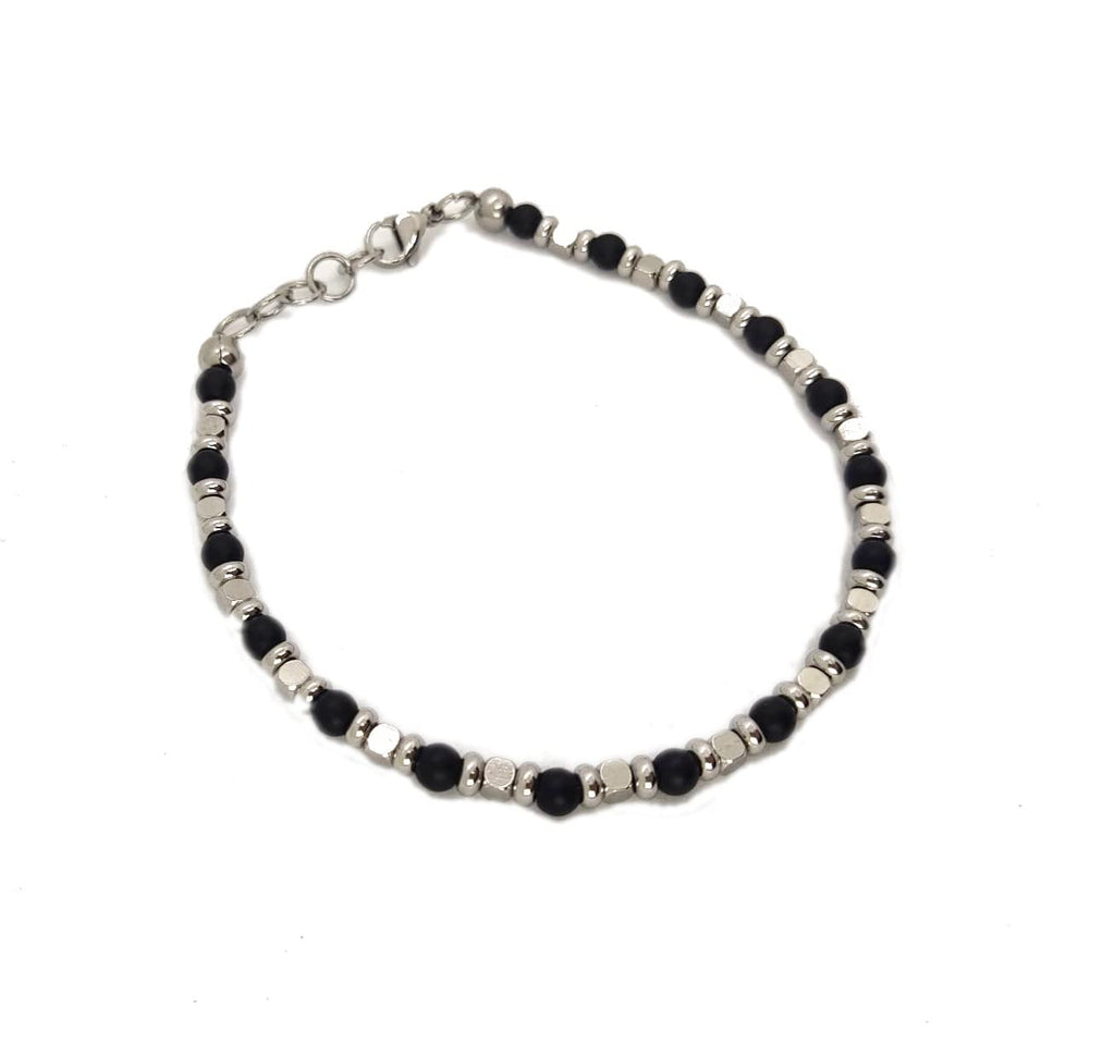 Bracciale da Uomo in Acciaio con Pietre Dure Onice Opaca Satinata 4 mm Dischi e Cubi in Acciaio Chiusura a Moschettone Regolabile Finitura Lucida Lavorazione Artigianale Fatto a Mano Made in Italy