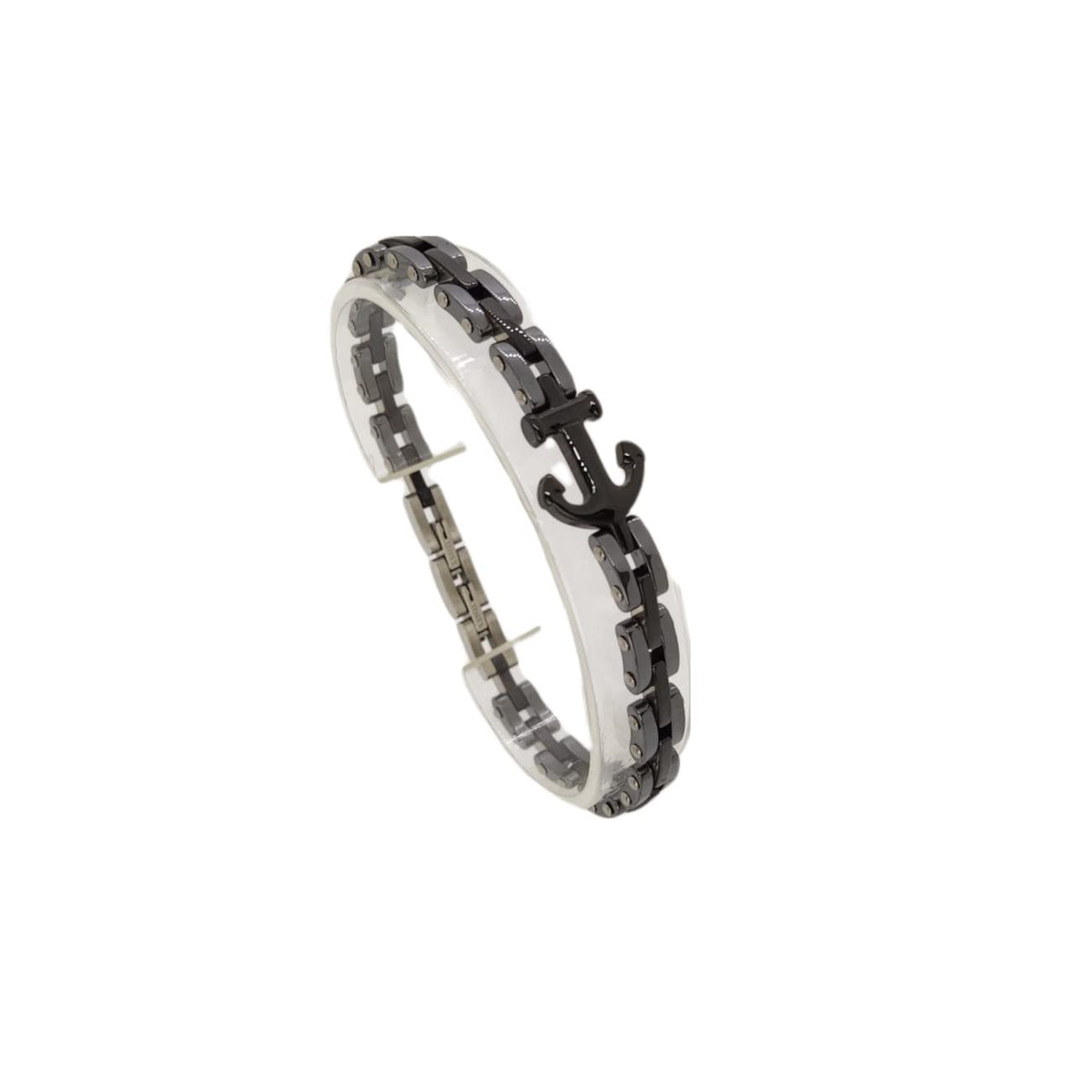 Bracciale con Ancora in Acciaio e Ceramica Silver e Nero