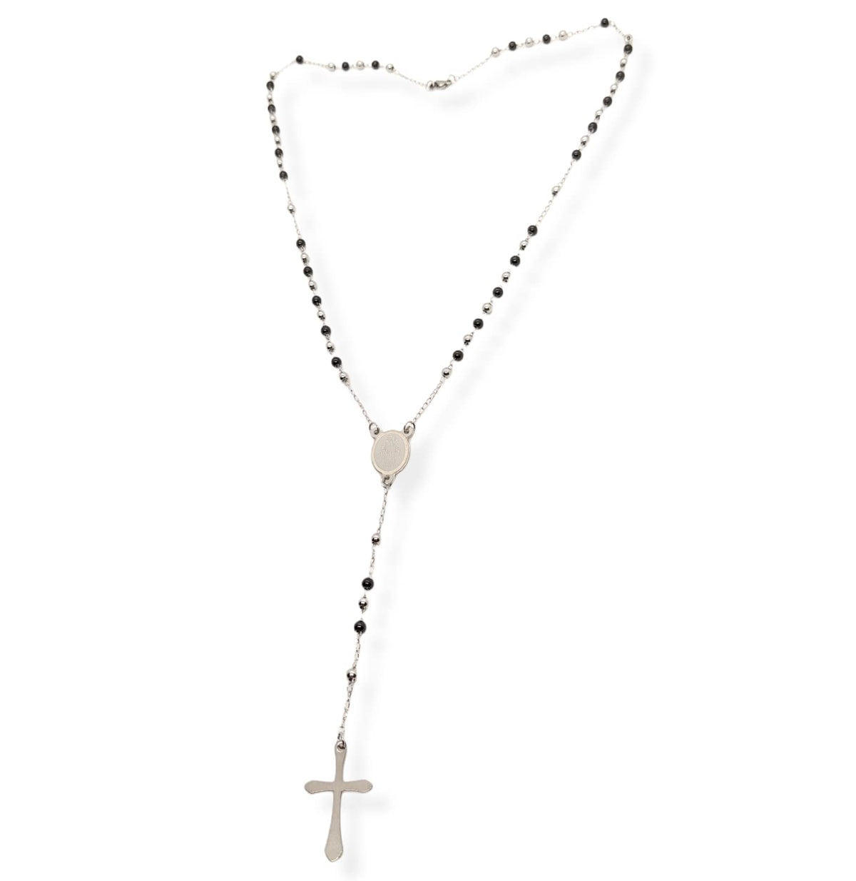 Habibi Jewels Collana Rosario in Acciaio da Uomo Donna Silver e Nero Grani Perline 4 mm Medaglietta Madonnina e Ciondolo Croce Idea Regalo Compleanno Laurea Onomastico Comunione
