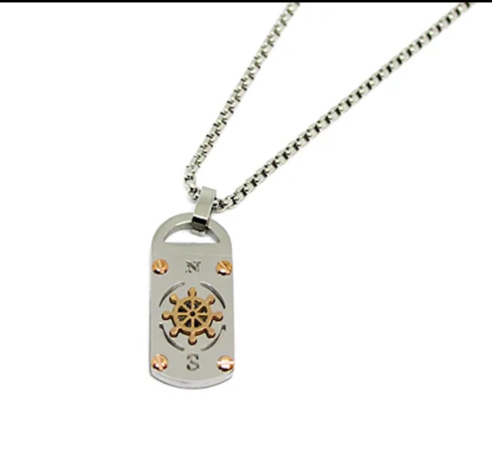 Collana in Acciaio con Ciondolo Timone Bussola da Uomo Piastrina Rettangolare Catena Maglia Veneziana Chiusura a Moschettone Idea Regalo Festa del Papà Compleanno Laurea Viaggio Viaggiatore Marinaio