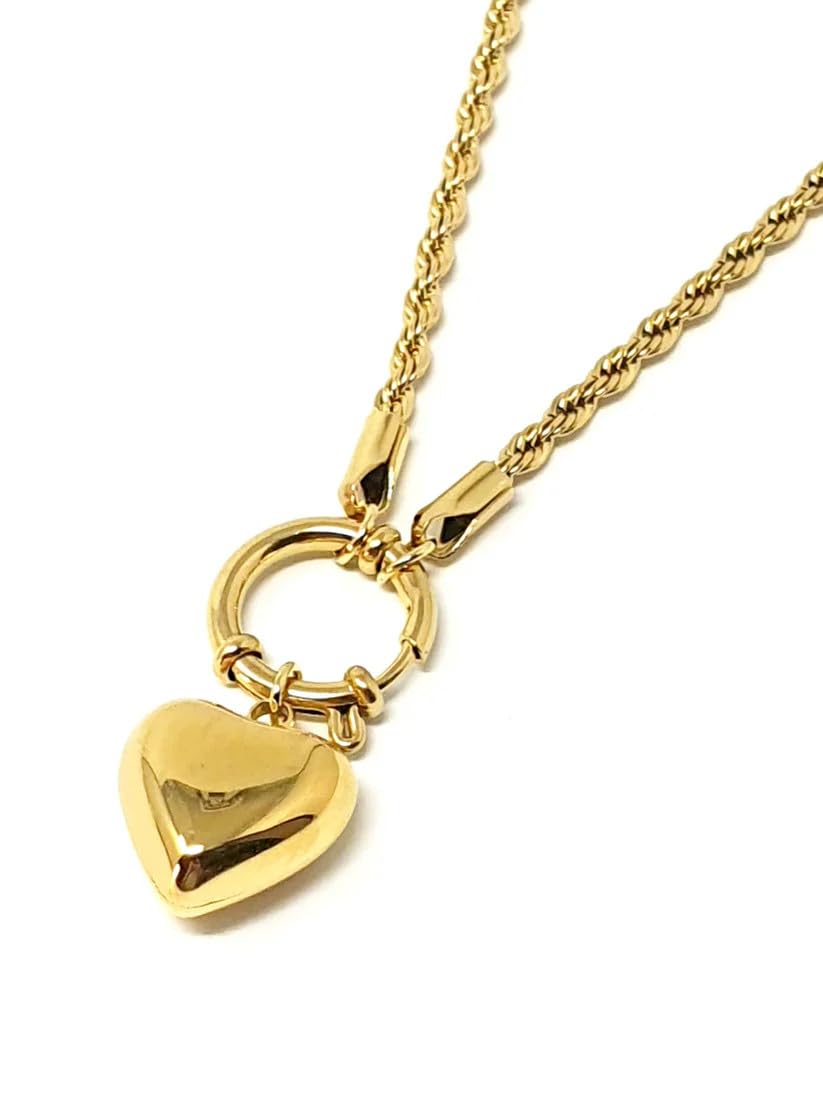 Collana da Donna in Acciaio Torchon con Cuore Bombato Gold Chiusura a Timone Idea Regalo Ragazza Compleanno Festa della Mamma Natale