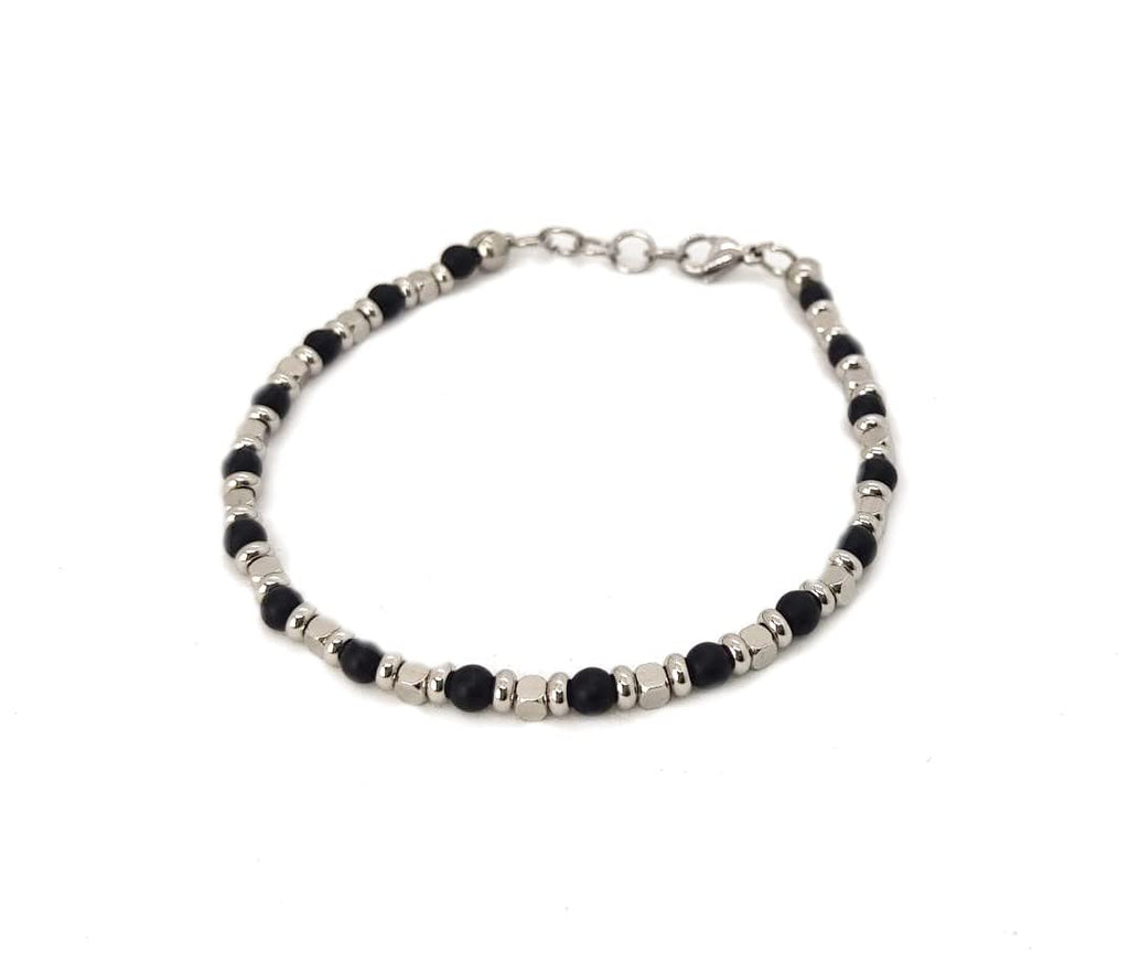 Bracciale da Uomo in Acciaio con Pietre Dure Onice Opaca Satinata 4 mm Dischi e Cubi in Acciaio Chiusura a Moschettone Regolabile Finitura Lucida Lavorazione Artigianale Fatto a Mano Made in Italy