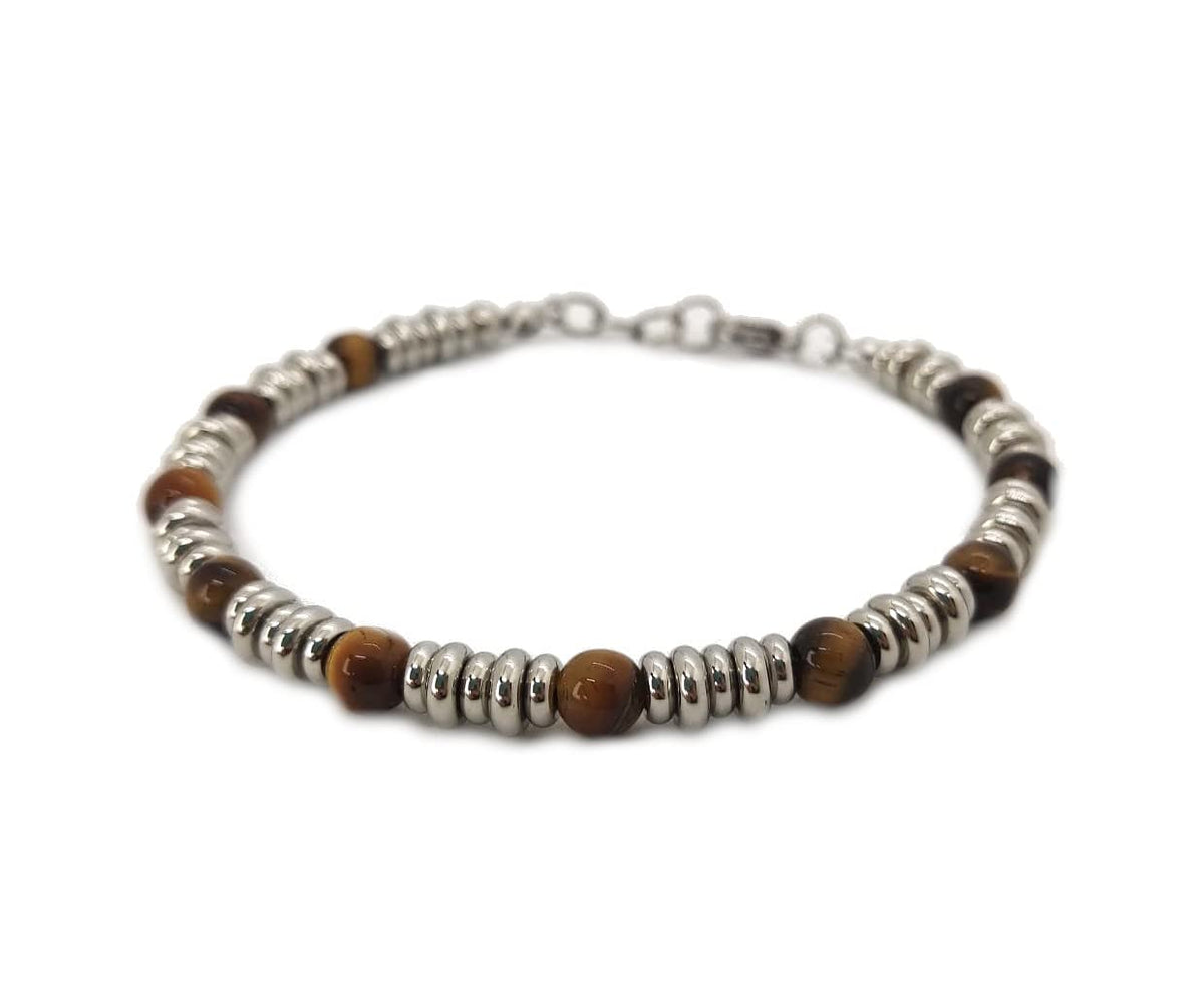 Bracciale da Uomo in Acciaio con Pietre Dure Occhio di Tigre 6 mm, dischetti in Acciaio Chiusura a Moschettone Lunghezza Regolabile Finitura Lucida Lavorazione Artigianale Fatto a Mano Made in Italy