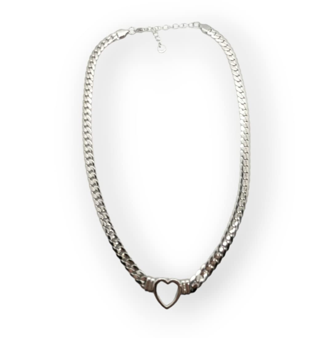 Habibi Jewels Collana a Girocollo da Donna in Acciaio con Cuore Centrale Silver Modello Catena Maglia Cubana Idea Regalo Ragazza Compleanno Festa della Mamma Natale
