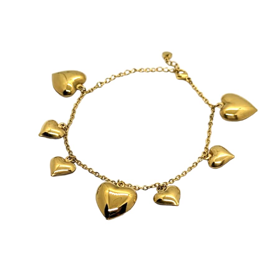 Habibi Jewels Bracciale in Acciaio da Donna con Cuori Pendenti Color Oro Gold Catena a Maglia Braccialetto Chiusura Moschettone Cuore Compleanno Laurea Onomastico Festa della Mamma