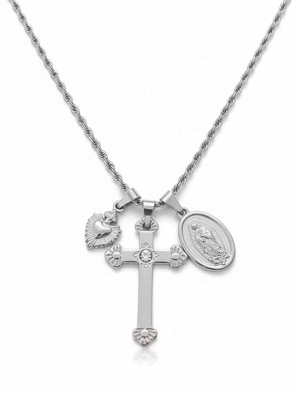 Habibi Jewels Collana Acciaio Croce Sacro Cuore Madonnina Silver Argentato con Collana Torchon Intrecciata per Donna Elegante e Moderna Festa della Mamma Compleanno Idea Regalo