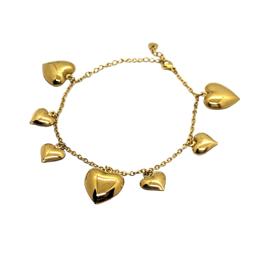 Habibi Jewels Bracciale in Acciaio da Donna con Cuori Pendenti Color Oro Gold Catena a Maglia Braccialetto Chiusura Moschettone Cuore Compleanno Laurea Onomastico Festa della Mamma
