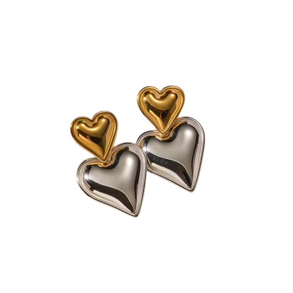Habibi Jewels Orecchini da Donna Doppio Cuore Pendente Colore Gold e Silver in Acciaio Inossidabile modello Bicolore Anallergico Idea Regalo Compleanno Laurea Festa