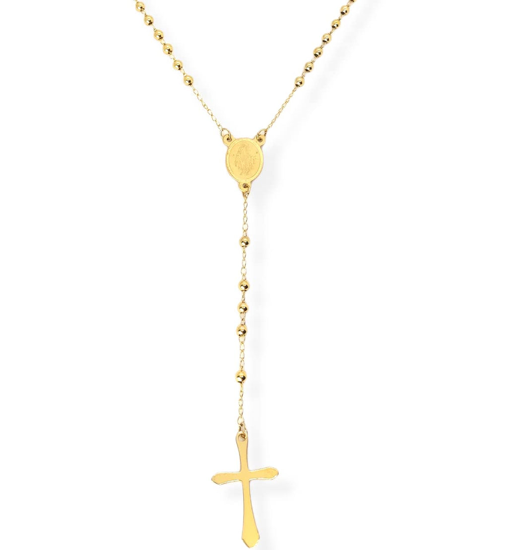 Habibi Jewels Collana Rosario in Acciaio da Uomo Donna Oro Giallo Dorata Grani Perline 4 mm Dorata Medaglietta Madonnina e Ciondolo Croce Idea Regalo Compleanno Laurea Onomastico Comunione