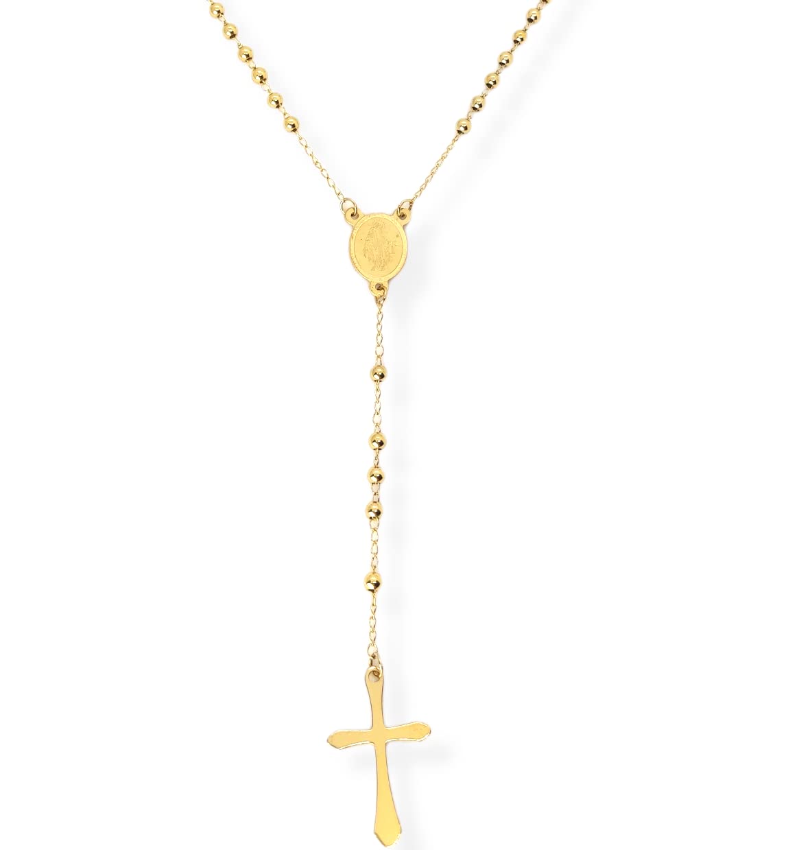 Habibi Jewels Collana Rosario in Acciaio da Uomo Donna Oro Giallo Dorata Grani Perline 4 mm Dorata Medaglietta Madonnina e Ciondolo Croce Idea Regalo Compleanno Laurea Onomastico Comunione