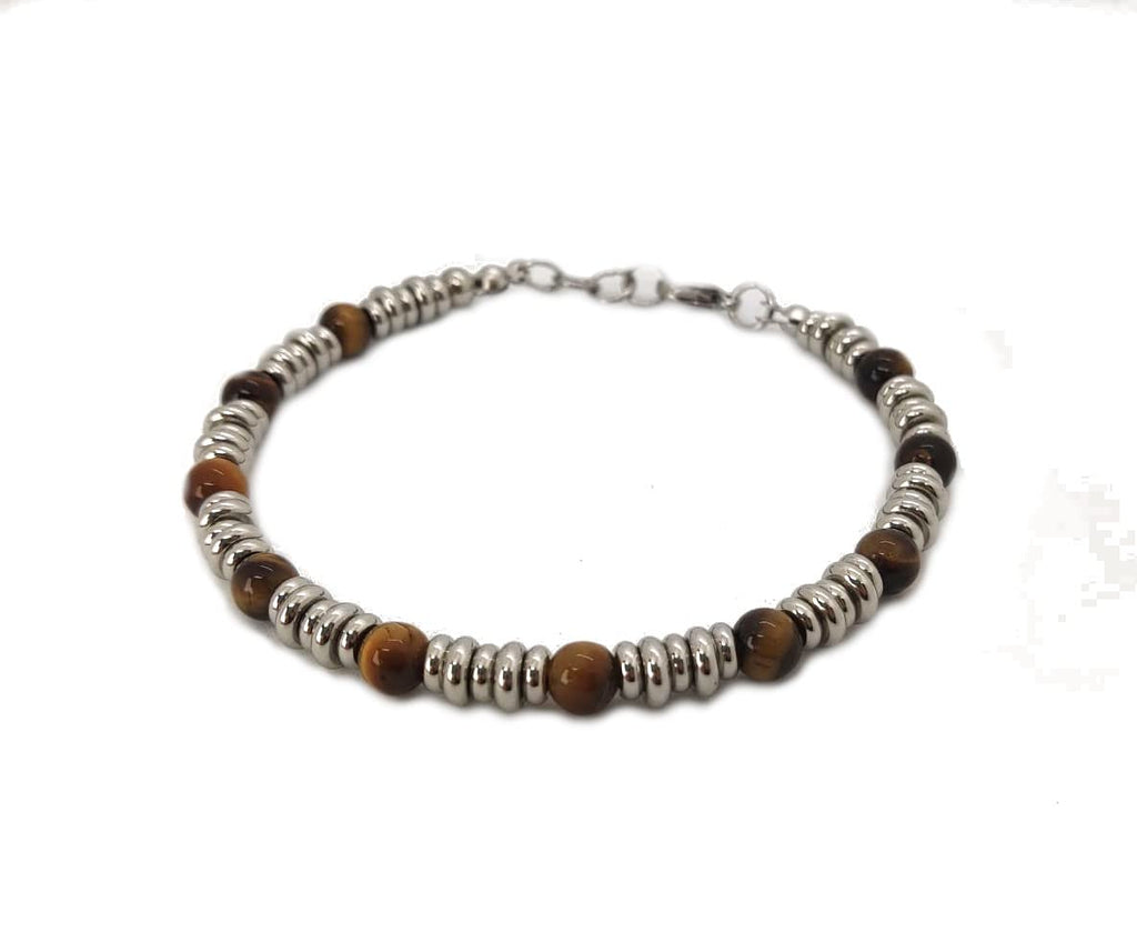 Bracciale da Uomo in Acciaio con Pietre Dure Occhio di Tigre 6 mm, dischetti in Acciaio Chiusura a Moschettone Lunghezza Regolabile Finitura Lucida Lavorazione Artigianale Fatto a Mano Made in Italy
