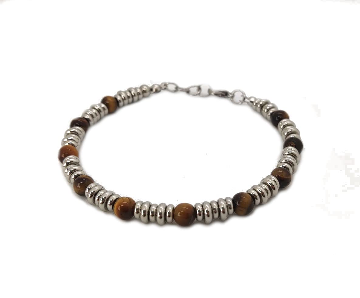 Bracciale da Uomo in Acciaio con Pietre Dure Occhio di Tigre 6 mm, dischetti in Acciaio Chiusura a Moschettone Lunghezza Regolabile Finitura Lucida Lavorazione Artigianale Fatto a Mano Made in Italy