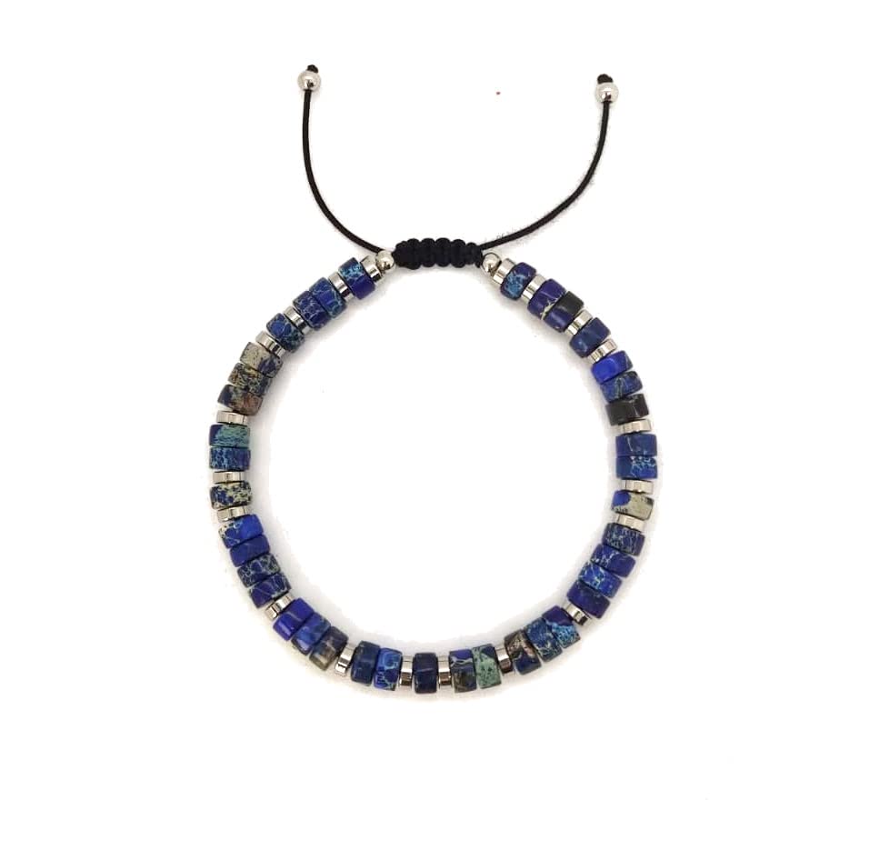 Habibi Jewels Bracciale da Uomo in Pietre Dure Rondelle Diaspro Blu da 6 mm con Elementi in Acciaio e Chiusura Scorrevole Finitura Lucida Lavorazione Artigianale Fatto a Mano Made in Italy