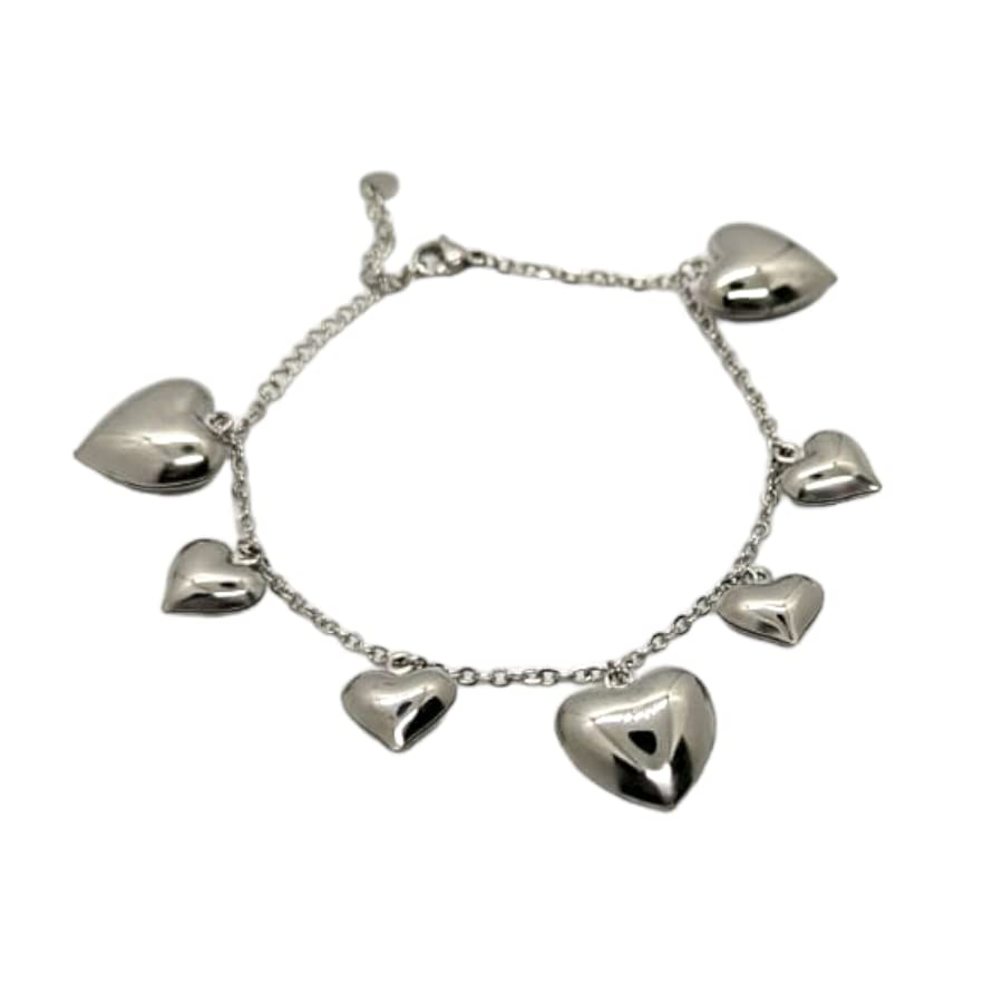 Habibi Jewels Bracciale in Acciaio da Donna con Cuori Pendenti Silver Catena a Maglia Braccialetto Chiusura Moschettone Cuore Compleanno Laurea Onomastico Festa della Mamma