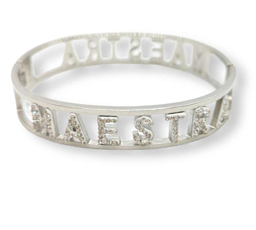Habibi Jewels Bracciale MAESTRA in Acciaio Modello Rigido da Donna con Scritta Zirconi Bianchi Braccialetto Chiusura a Manetta Bracelet Woman Idea Regalo Insegnante Scuola Compleanno Laurea Amicizia