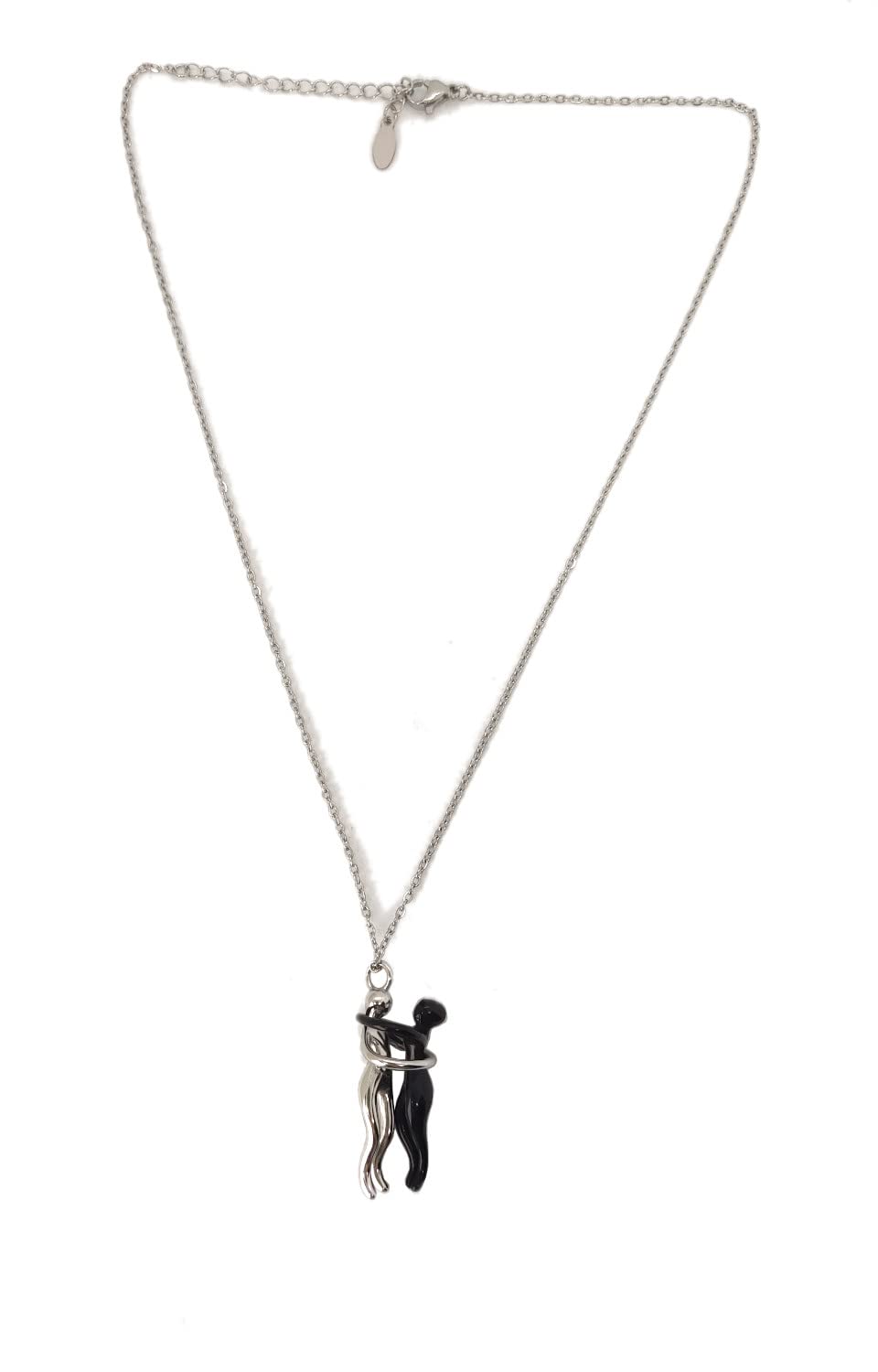 Habibi Jewels Collana da Donna in Acciaio con Ciondolo Abbraccio Innamorati Nero e Silver Lui e Lei Fidanzati Amanti Coppia Amore Amicizia Idea Regalo San Valentino Compleanno Laurea