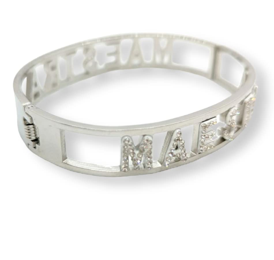 Habibi Jewels Bracciale MAESTRA in Acciaio Modello Rigido da Donna con Scritta Zirconi Bianchi Braccialetto Chiusura a Manetta Bracelet Woman Idea Regalo Insegnante Scuola Compleanno Laurea Amicizia