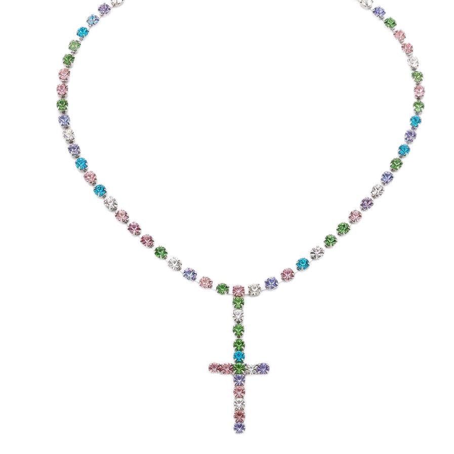 Habibi Jewels Collana da Donna in Acciaio Silver Modello Tennis con Croce e Pietre Multicolore Lunga 50 cm Elegante e Versatile Argentata Idea Regalo