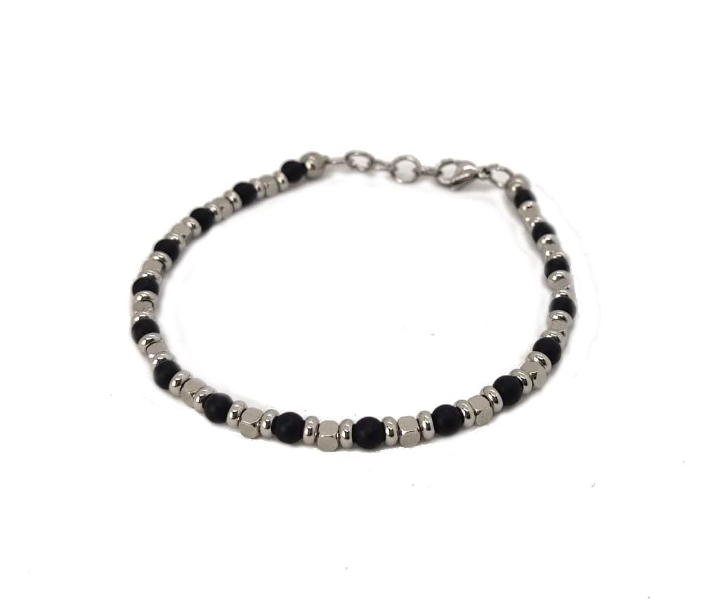Bracciale da Uomo in Acciaio con Pietre Dure Onice Opaca Satinata 4 mm Dischi e Cubi in Acciaio Chiusura a Moschettone Regolabile Finitura Lucida Lavorazione Artigianale Fatto a Mano Made in Italy