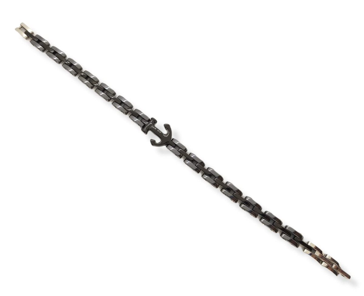 Bracciale con Ancora in Acciaio e Ceramica Silver e Nero