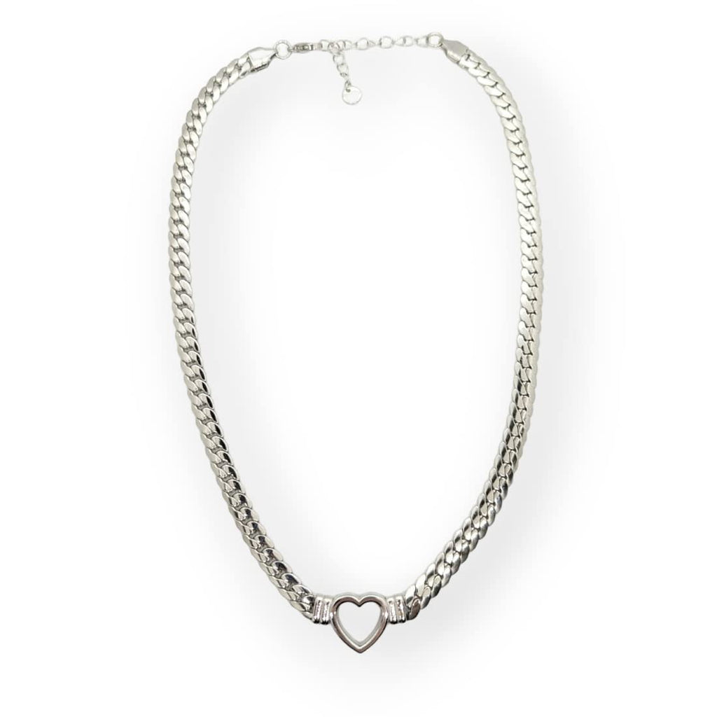 Habibi Jewels Collana a Girocollo da Donna in Acciaio con Cuore Centrale Silver Modello Catena Maglia Cubana Idea Regalo Ragazza Compleanno Festa della Mamma Natale