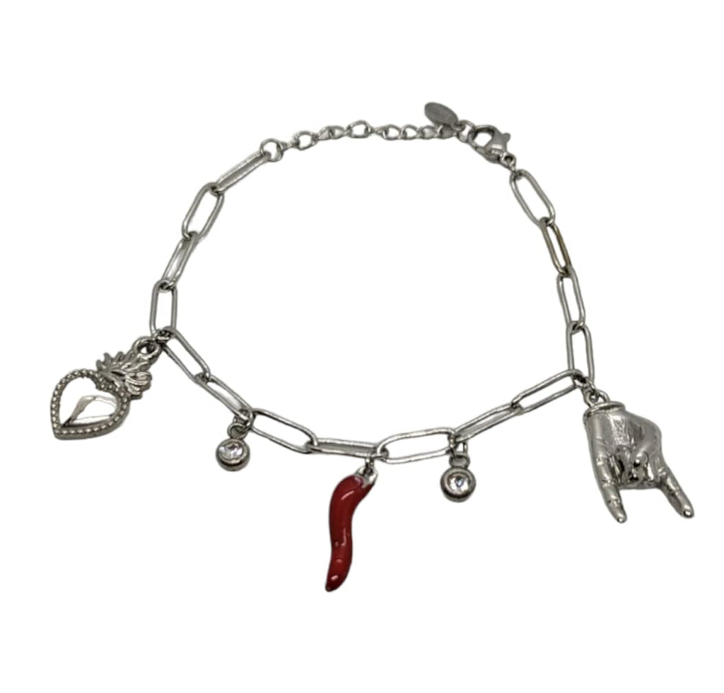 Habibi Jewels Bracciale in Acciaio da Donna con Sacro Cuore Corna Cornetto Portafortuna Braccialetto Scaramantico Chiusura Moschettone Cuore Compleanno Laurea Onomastico Festa della Mamma