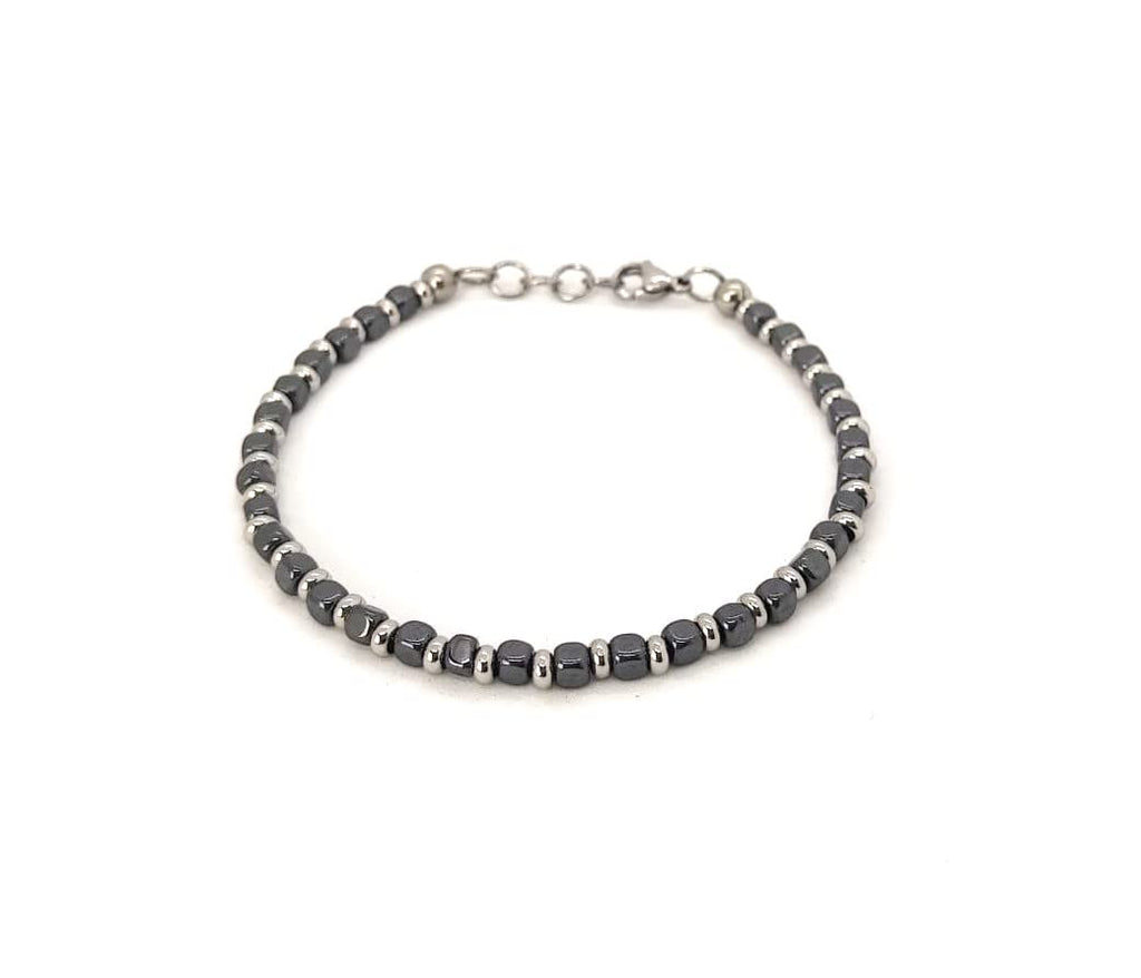 Bracciale da Uomo in Acciaio con Pietre Dure Cubi Ematite Dischetti in Acciaio Chiusura a Moschettone Lunghezza Regolabile Finitura Lucida Lavorazione Artigianale Fatto a Mano Made in Italy
