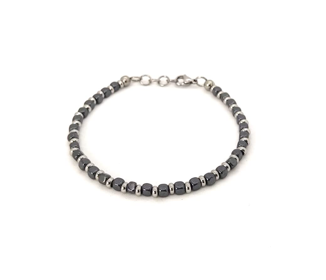 Bracciale da Uomo in Acciaio con Pietre Dure Cubi Ematite Dischetti in Acciaio Chiusura a Moschettone Lunghezza Regolabile Finitura Lucida Lavorazione Artigianale Fatto a Mano Made in Italy