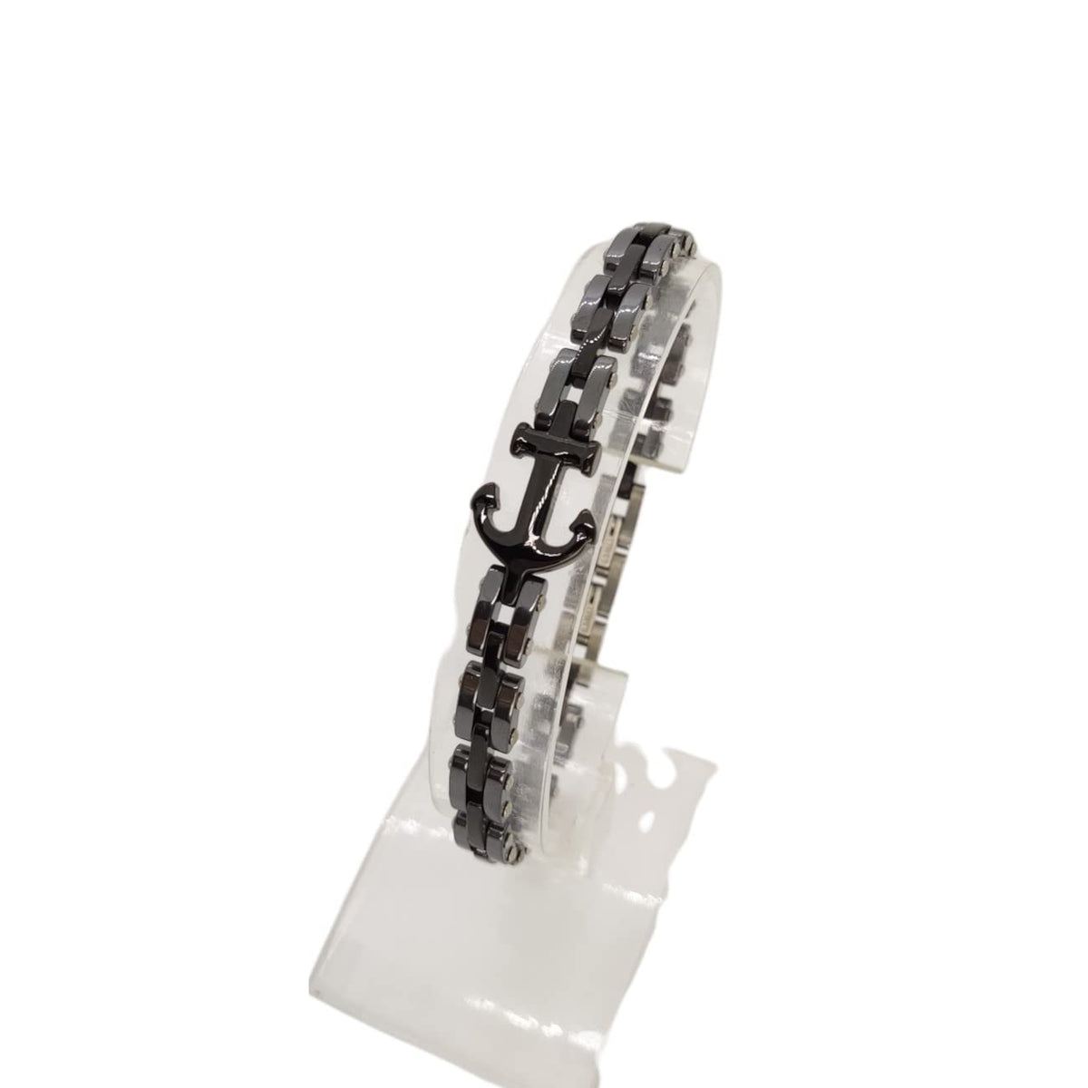 Bracciale con Ancora in Acciaio e Ceramica Silver e Nero
