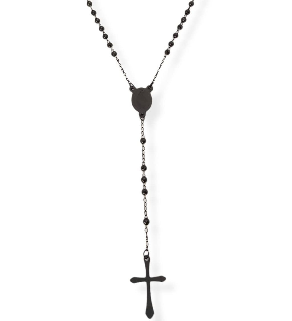 Habibi Jewels Collana Rosario in Acciaio da Uomo Donna Nera Grani Perline 4 mm Medaglietta Madonnina e Ciondolo Croce Idea Regalo Compleanno Laurea Onomastico Comunione