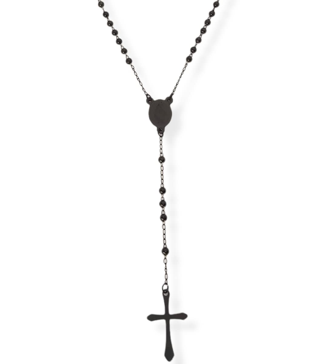 Habibi Jewels Collana Rosario in Acciaio da Uomo Donna Nera Grani Perline 4 mm Medaglietta Madonnina e Ciondolo Croce Idea Regalo Compleanno Laurea Onomastico Comunione
