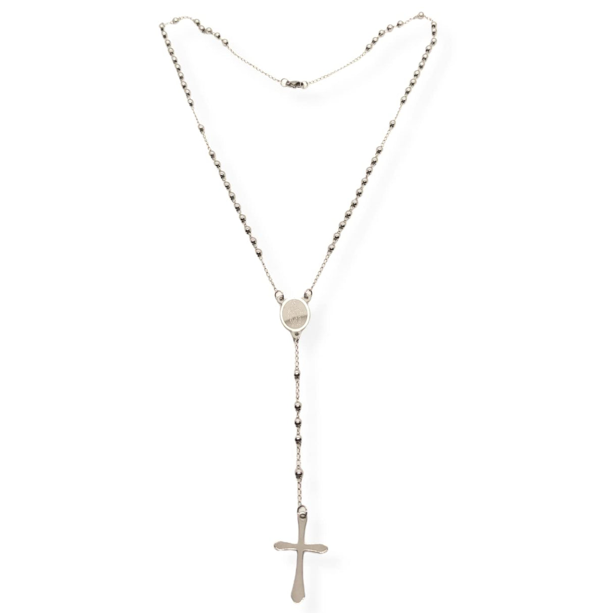Habibi Jewels Collana Rosario in Acciaio da Uomo Donna Silver Grani Perline 4 mm Medaglietta Madonnina e Ciondolo Croce Idea Regalo Compleanno Laurea Onomastico Comunione