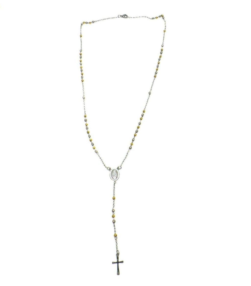 Habibi Jewels Collana Rosario in Acciaio da Uomo Donna color Acciaio e Oro Giallo Grani Perline Medaglietta Madonnina e Ciondolo Croce Idea Regalo Compleanno Laurea Onomastico Comunione