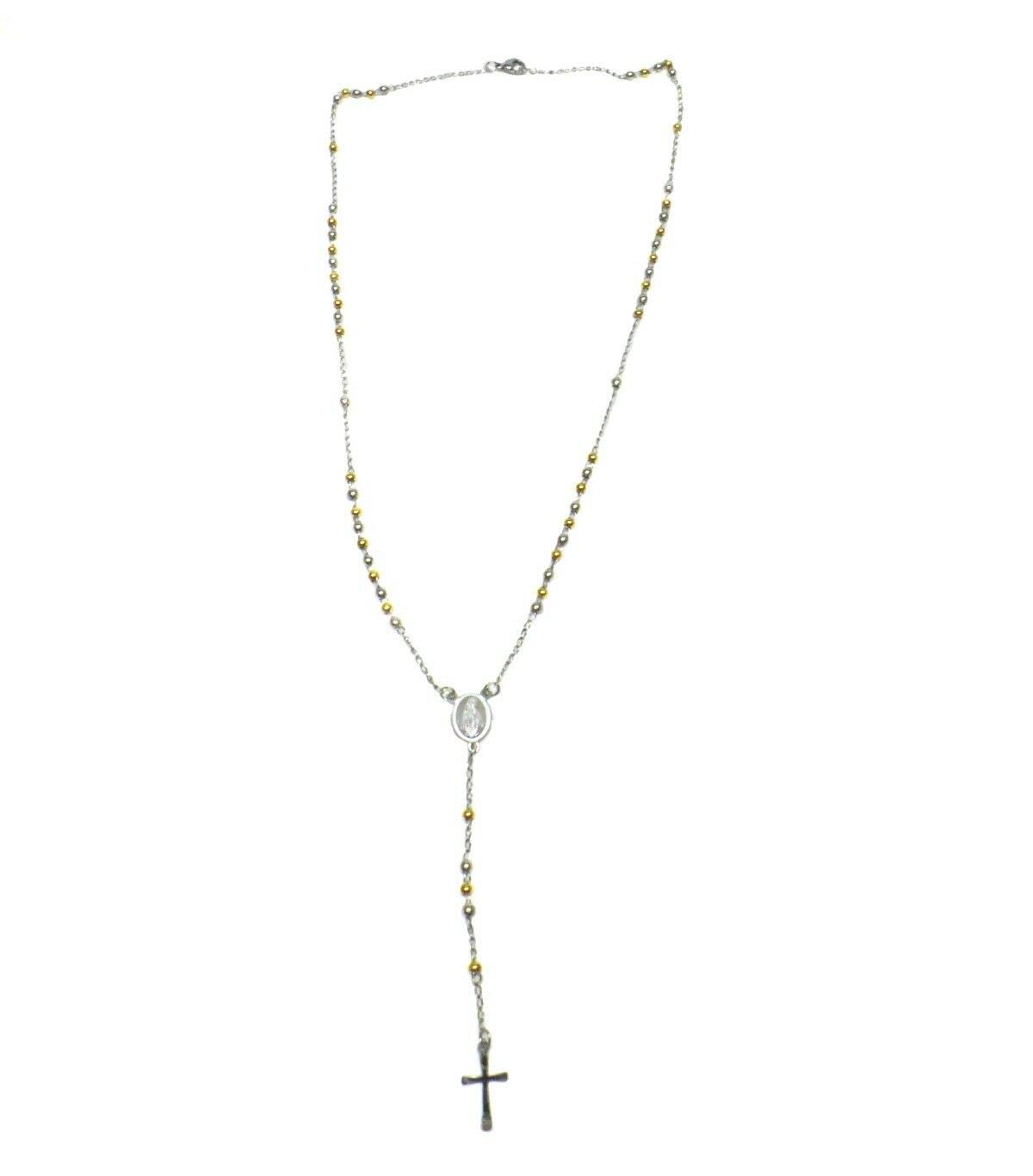 Habibi Jewels Collana Rosario in Acciaio da Uomo Donna color Acciaio e Oro Giallo Grani Perline Medaglietta Madonnina e Ciondolo Croce Idea Regalo Compleanno Laurea Onomastico Comunione
