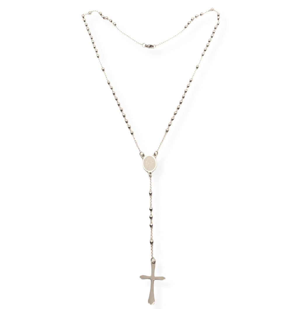Habibi Jewels Collana Rosario in Acciaio da Uomo Donna Silver Grani Perline 4 mm Medaglietta Madonnina e Ciondolo Croce Idea Regalo Compleanno Laurea Onomastico Comunione