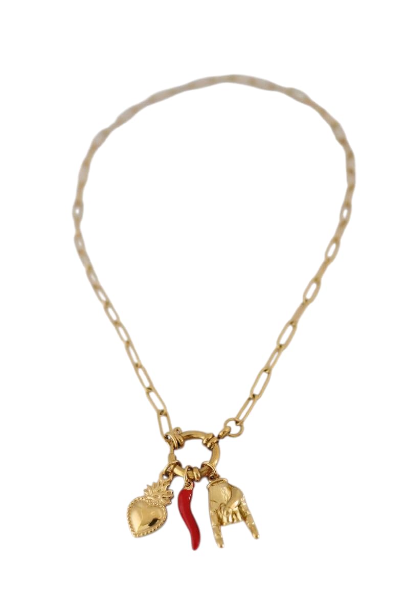 Habibi Jewels Collana da Donna in Acciaio Corno Sacro Cuore Mano Corna Catena Gold Dorata Modello Portafortuna Chiusura a Timone Idea Regalo Ragazza Compleanno Festa della Mamma Natale