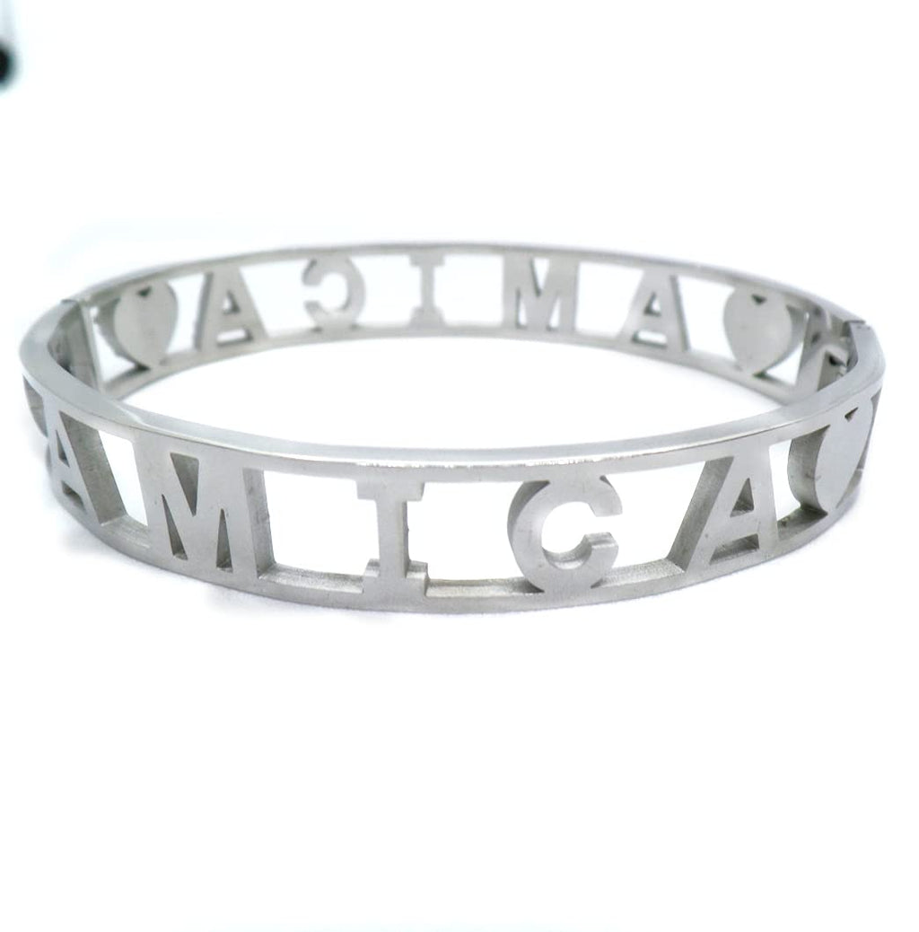 Habibi Jewels Bracciale AMICA in Acciaio Modello Rigido da Donna con Scritta Zirconi Bianchi Braccialetto Chiusura a Manetta Bracelet for woman Idea Regalo Compleanno Onomastico Laurea Amicizia