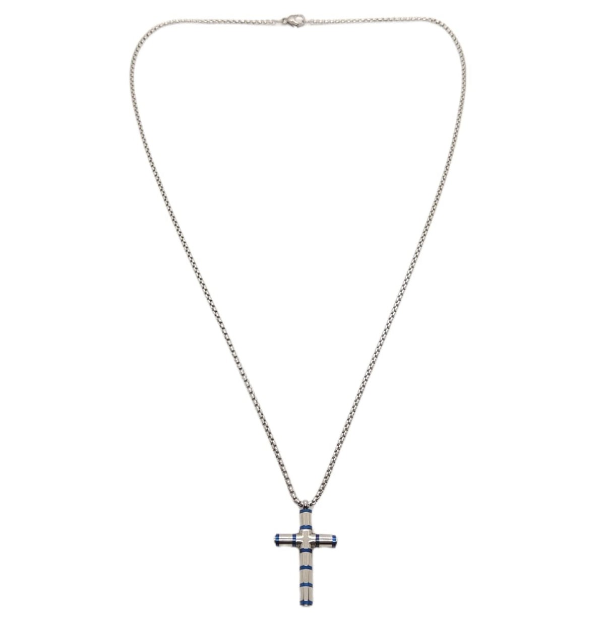 Habibi Jewels Collana Croce Acciaio Uomo Blu Lucida Catena a Maglia Festa del Papà Idea Regalo Compleanno Laurea
