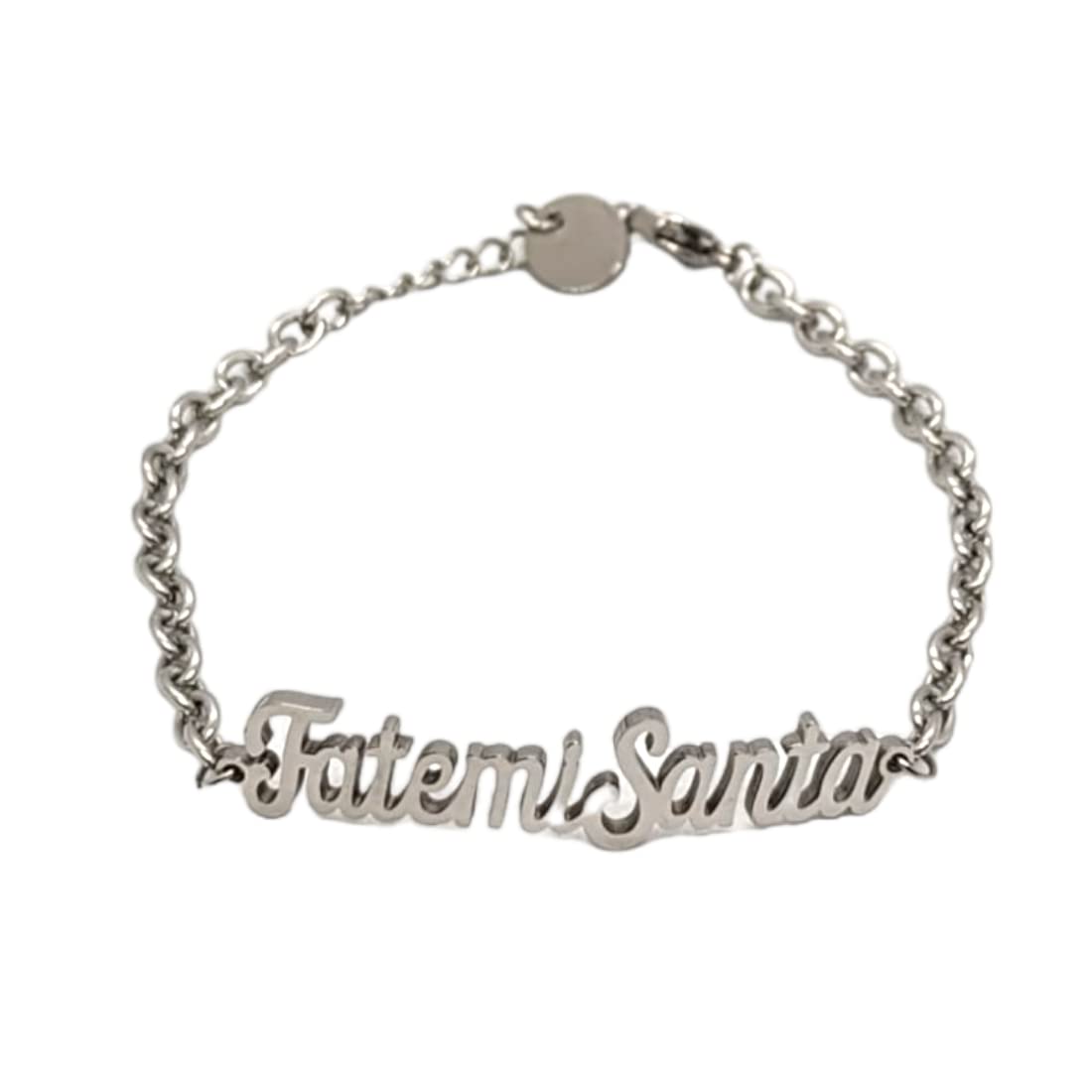 Habibi Jewels Bracciale in Acciaio da Donna con scritta FATEMI SANTA Silver Catena a Maglie Braccialetto Chiusura Moschettone Compleanno Laurea Onomastico Festa della Mamma Festa della Donna