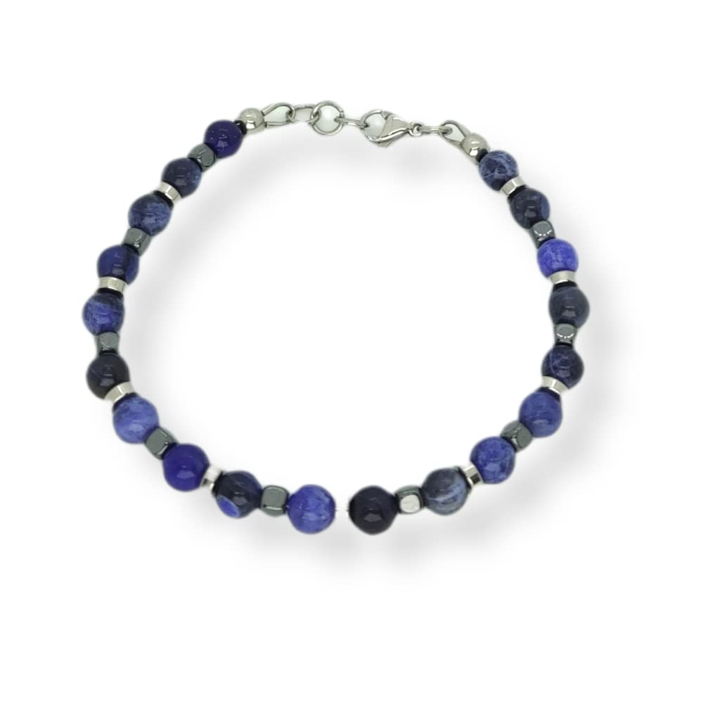 Habibi Jewels Bracciale Uomo Donna con Pietre dure Sodalite da 6 mm ematite a cubetti dischetti in acciaio cavo ed elementi in acciaio Idea Regalo Compleanno Natale Bijoux