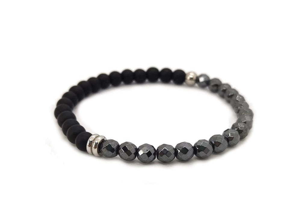 Habibi Jewels Bracciale da Uomo Elastico in Pietre Dure Onice Satinata ed Ematite Sfaccettata da 6 mm, con Elementi in Acciaio Finitura Lucida Lavorazione Artigianale Fatto a Mano Made in Italy