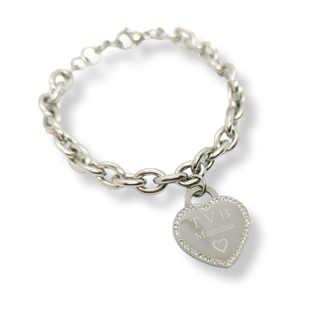 Bracciale da donna in Acciaio con Cuore Scritta Frase TVB MAMMA con Zirconi Catena a Maglia Larga Braccialetto Ti Voglio Bene Compleanno Laurea Onomastico Festa della Mamma Festa della Donna