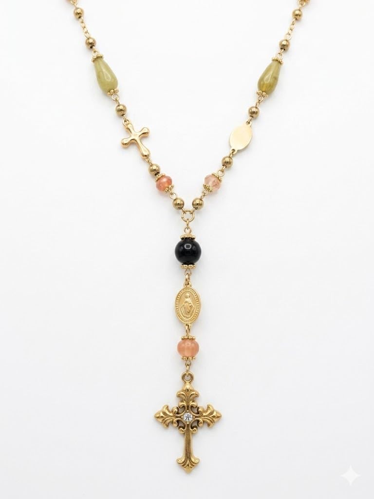 Habibi Jewels Collana Rosario da Donna in Acciaio Inossidabile Gold Dorato con Pietre Colorate e Pendente Croce, Gioiello Religioso Elegante Resistente all'Acqua